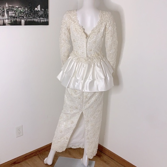 Mori Lee Vintage 80s 90s Beaded Sequins White and Ivory Wedding Dress Size 8 - Picture 6 of 16